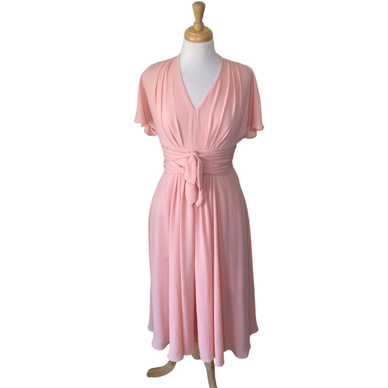 GAL MEETS GLAM Jane Tie Waist Midi Dress V Neck Size Pink