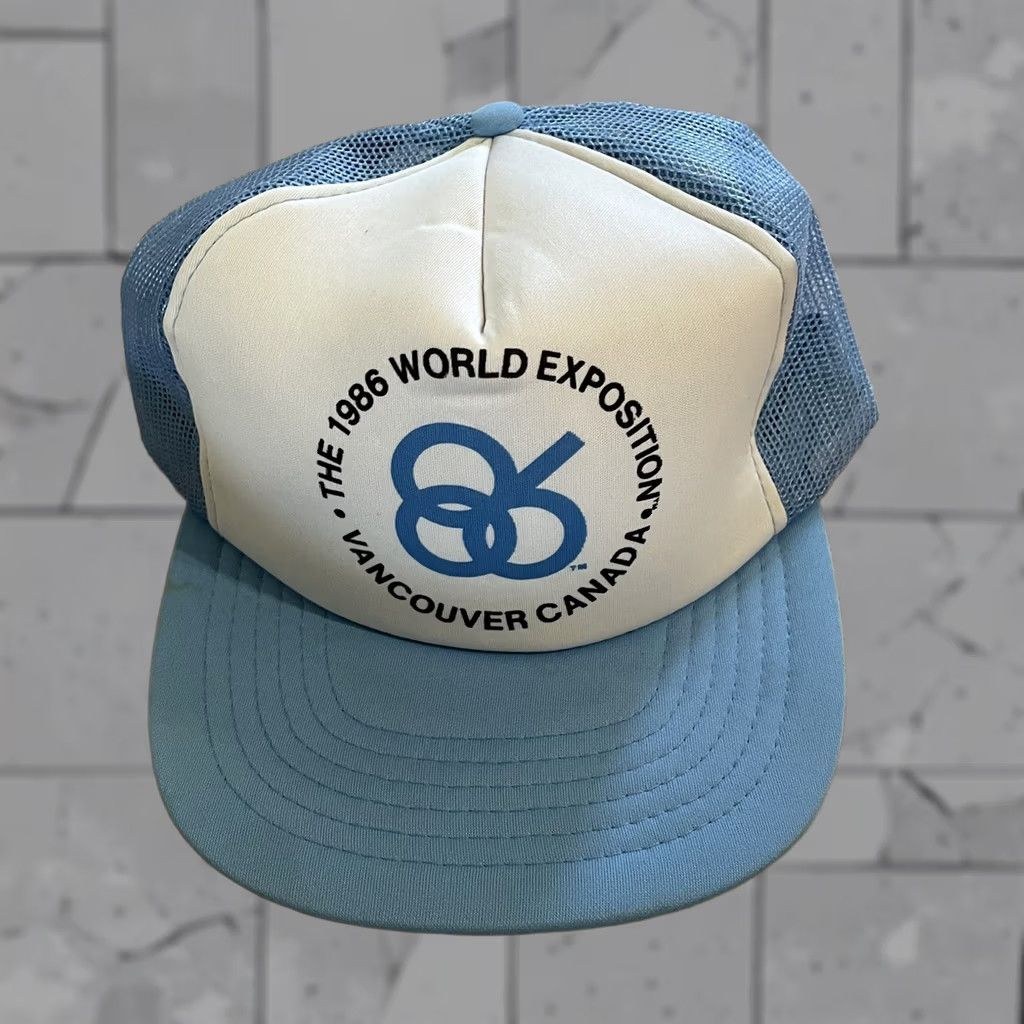 Vintage VINTAGE 1986 World Exposition Trucker Hat Hat Blue Adjustable Men’s Cap Size ONE SIZE - 1 Thumbnail