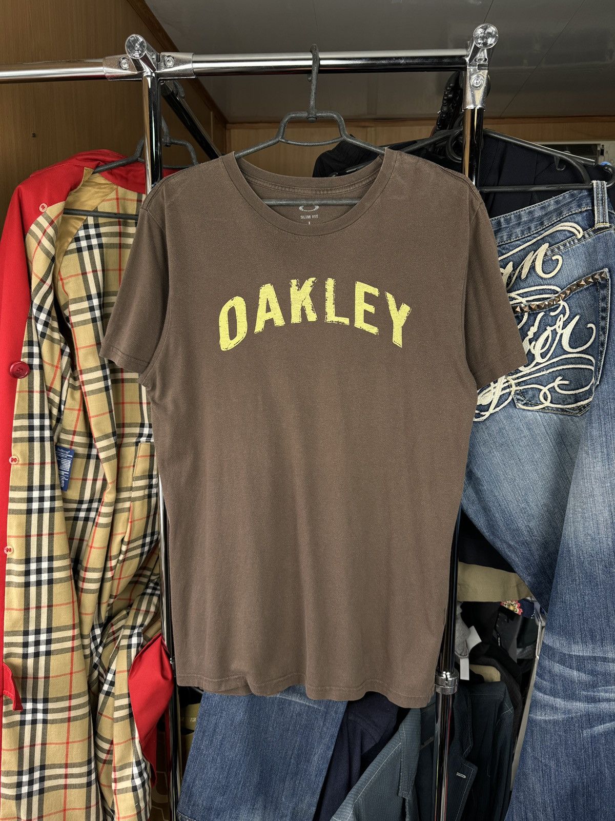 Mens Vintage Oakley brown T Shirt y2k tee Japanese rare