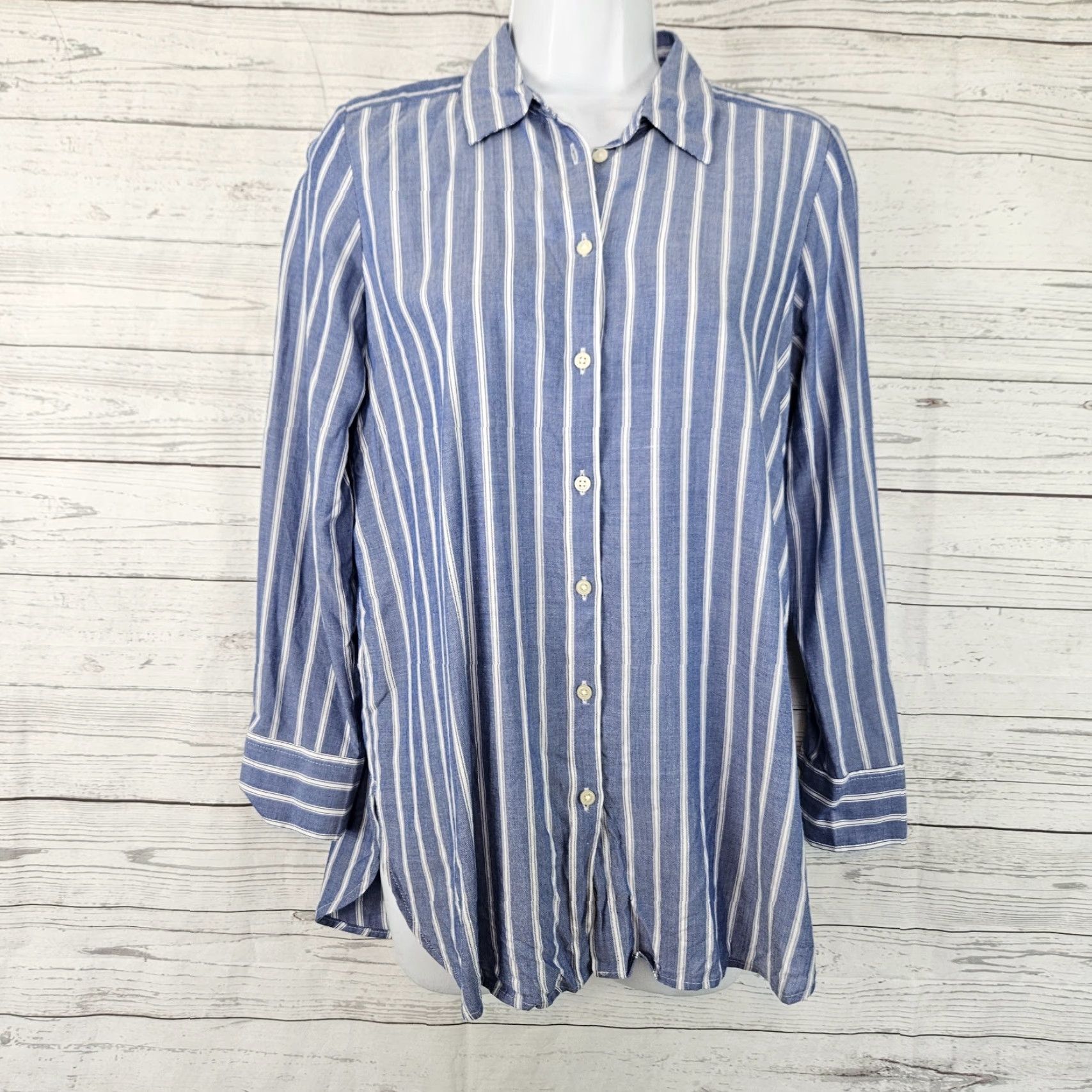 Loft Ann Taylor LOFT Womens Button Up Top Sz XSP Blue White Stripe Long Sleeve Shirt Womens XS-PX Size XS / US 0-2 / IT 36-38 - 2 Thumbnail