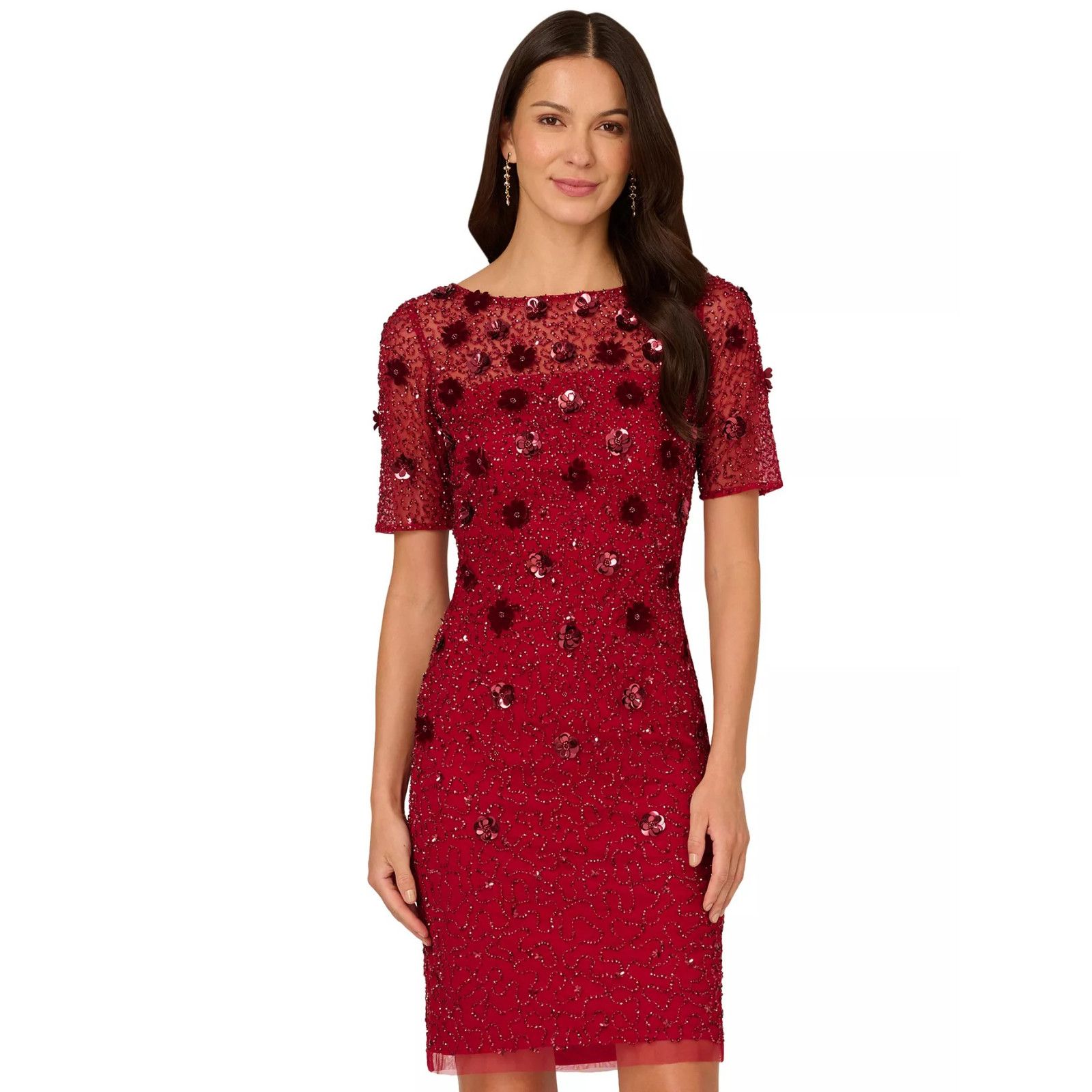 Adrianna Papell Adrianna Papell Women's Red Floral-Embellished Boat-Neck, 12 Size XL / US 12-14 / IT 48-50 - 3 Thumbnail