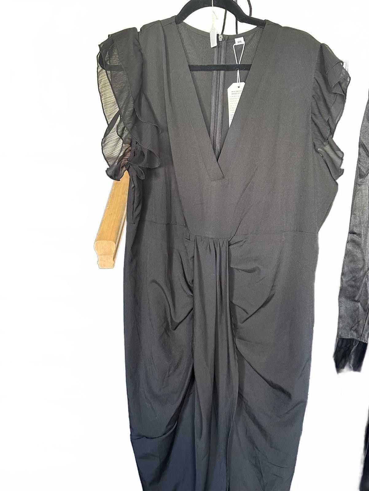 Designer Elegant Black Dress with Ruffled Sleeves - XXL Size XXL / US 16-18 / IT 52-54 - 1 Thumbnail