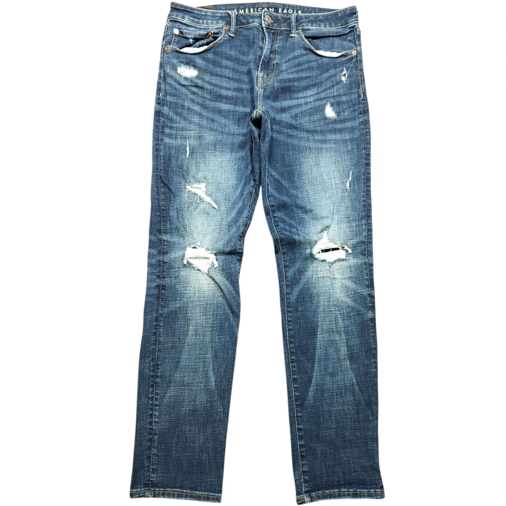 American Eagle Outfitters American Eagle Jeans Mens Blue 32x31 Athletic Skinny Distressed Airflex Denim Size US 32 / EU 48 - 2 Thumbnail