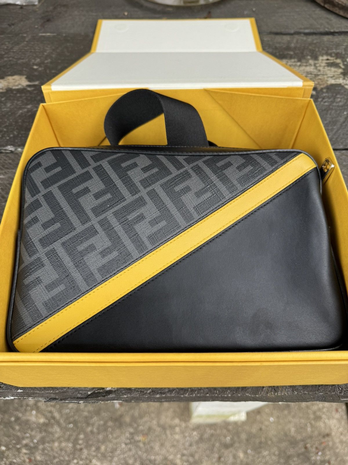 image of Fendi Logo Messenger Bag in Black/Yellow, Men's
