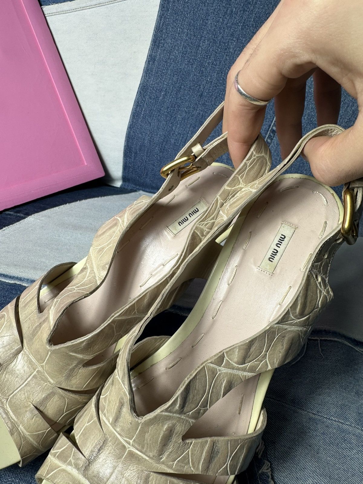 Miu Miu Miu Miu Sandals Open Toe Heels Strappy Platform Beige Size US 8 / IT 38 - 10 Thumbnail
