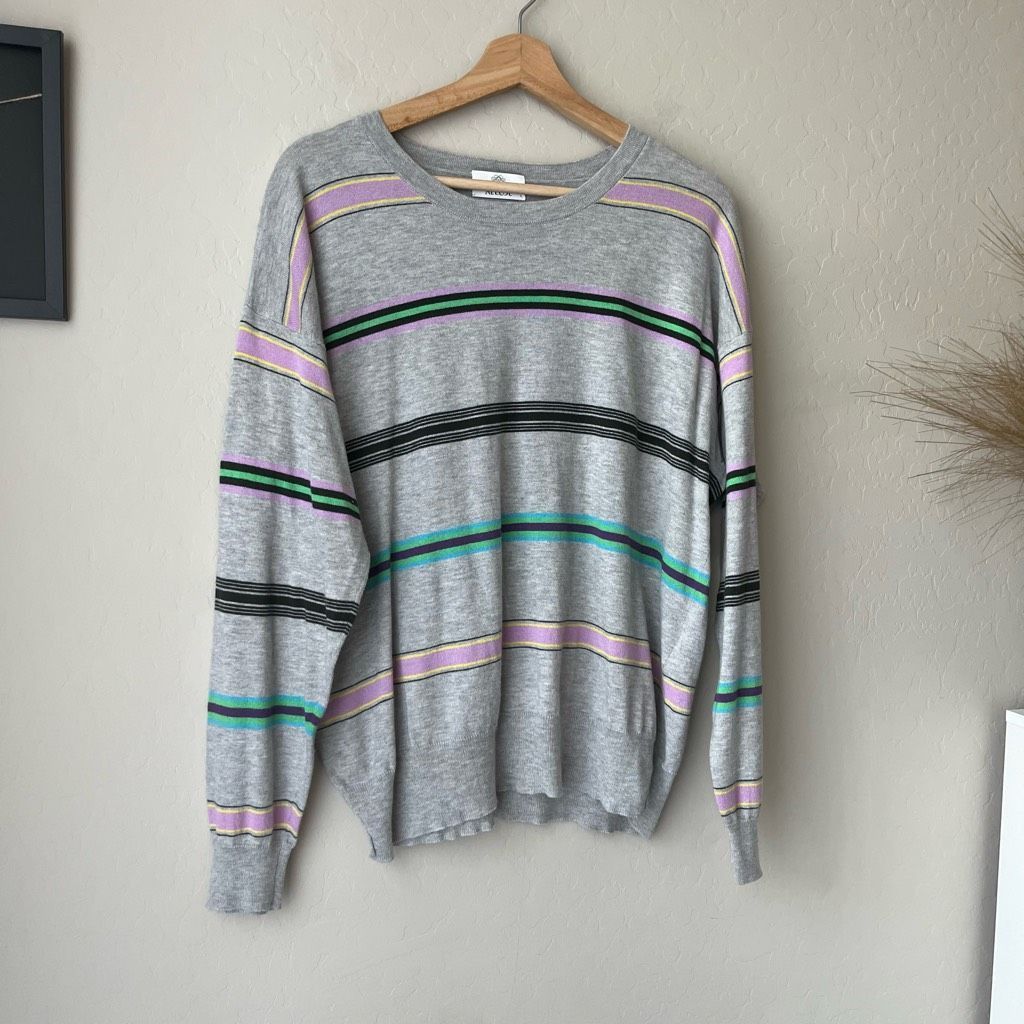 Allude Allude Gray Cashmere Blend Multicolor Striped Long Sleeve Cr Size L / US 10 / IT 46 - 2 Thumbnail