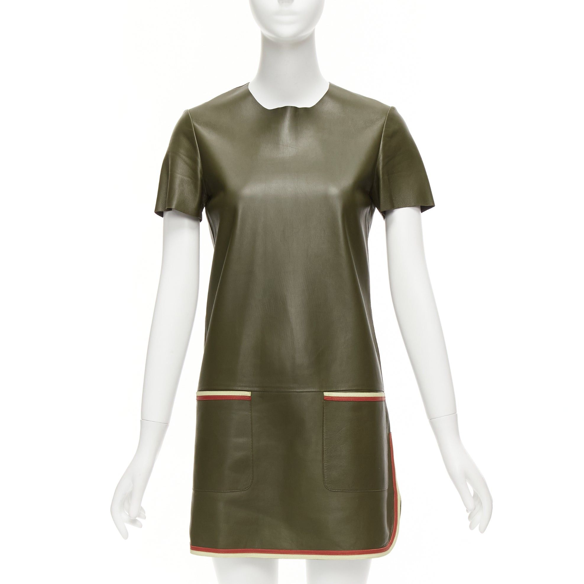 Celine OLD CELINE Phoebe Philo olive green leather red cream trim mod dress FR38 M Size M / US 6-8 / IT 42-44 - 1 Thumbnail