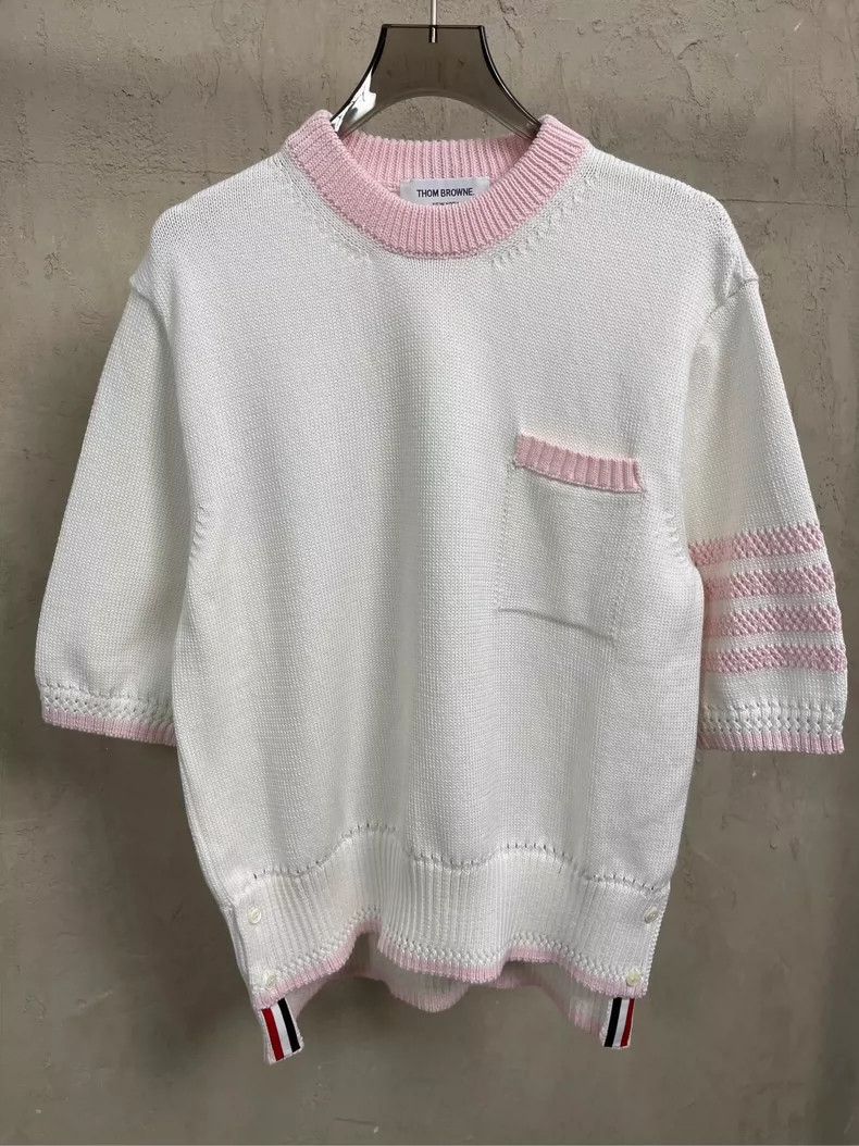 Other Thom Browne White and pink four stripe knit short sleeve Size M / US 6-8 / IT 42-44 - 1 Thumbnail