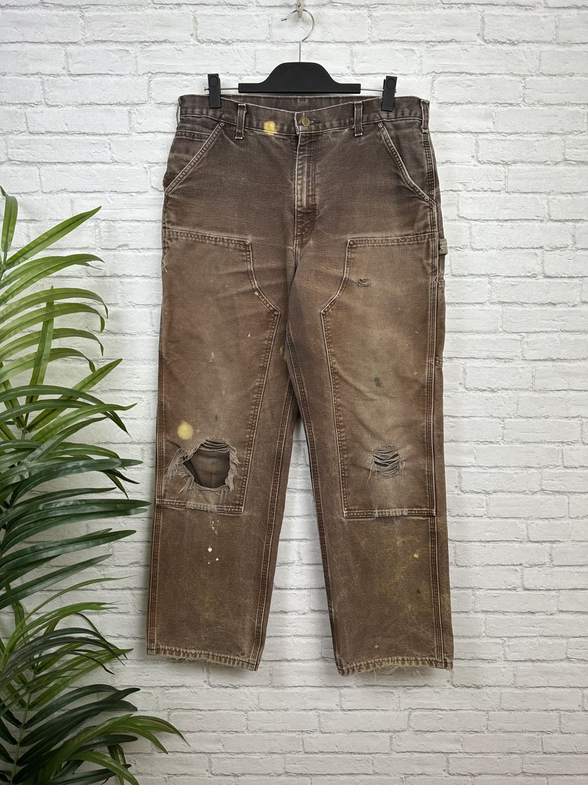 Carhartt (35x31) THRASHED & FADED BROWN Carhartt Double Knee Pants Size US 35 - 2 Thumbnail