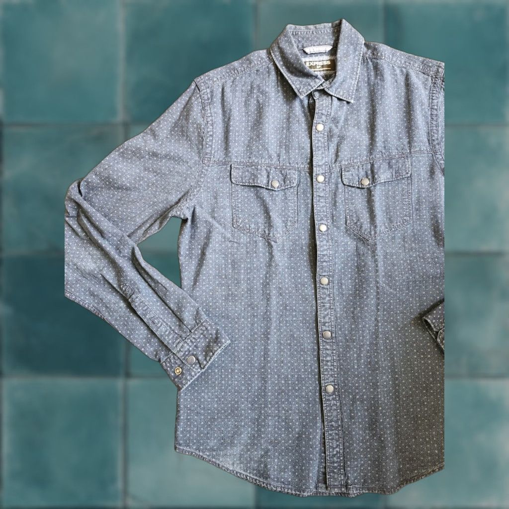 Express Express Shirt Blue Long Sleeve Button Dress Shirt S/P Mens Regular 100% Cotton Solid Collared Size 36R - 1 Thumbnail