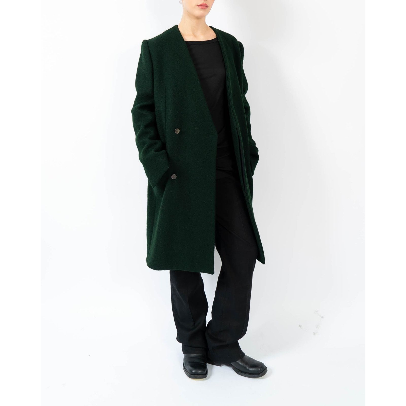 Haider Ackermann FW13 Collarless Overcoat in Green Wool Size S / US 4 / IT 40 - 7 Thumbnail