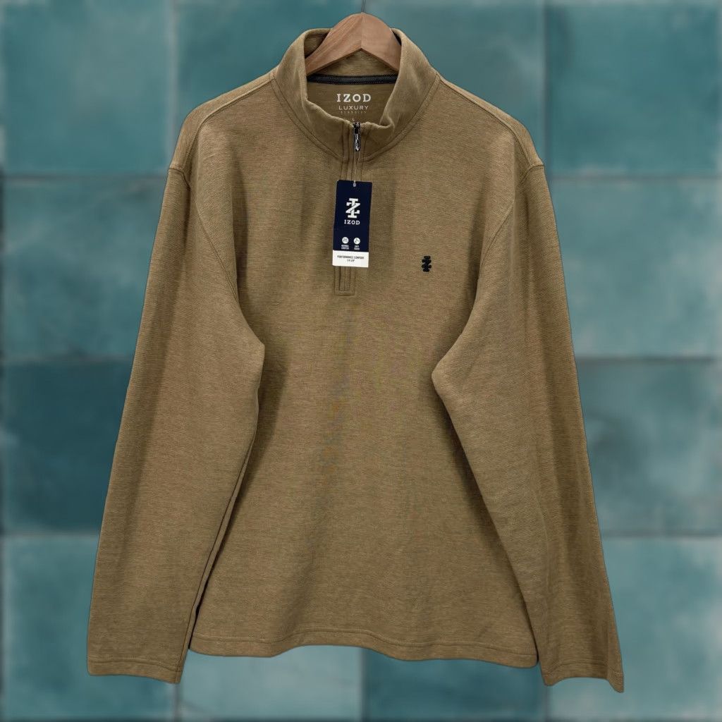 Izod VINTAGE Izod Sweater Mens Large Camel Heather Performance Luxury 1/4 Zip Pullover NWT Size US L / EU 52-54 / 3 - 1 Thumbnail