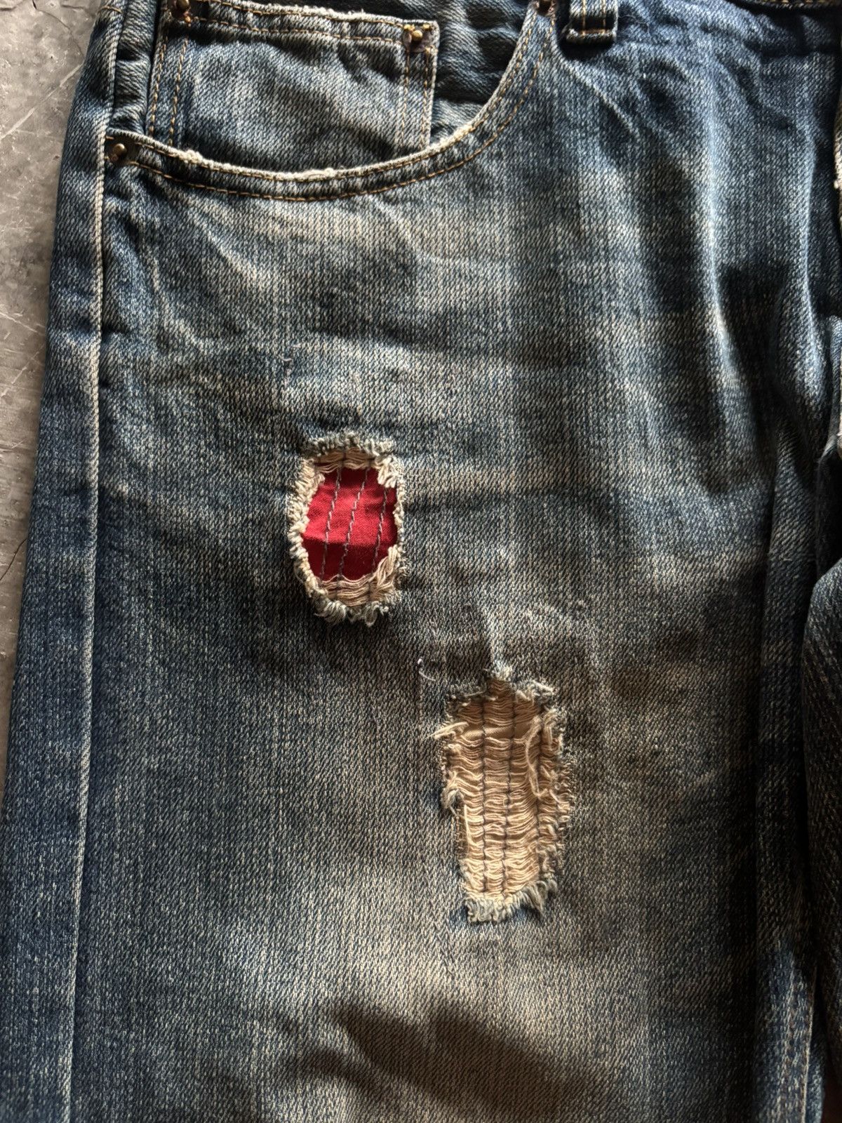 Karakuri Tamashii DOUBLE WAIST DISTRESSED BUDEN JAPANESE DENIM SKULL SUKAJAN Size US 35 - 11 Thumbnail