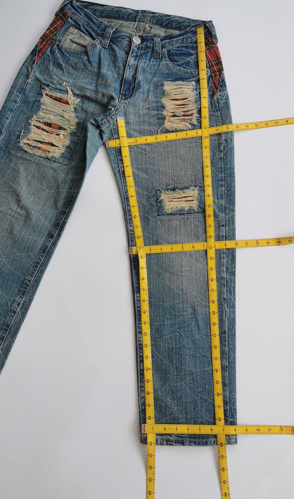 Seditionaries Skull Red Tartan Patchwork Tapered Denim Jeans Size US 30 / EU 46 - 11 Thumbnail