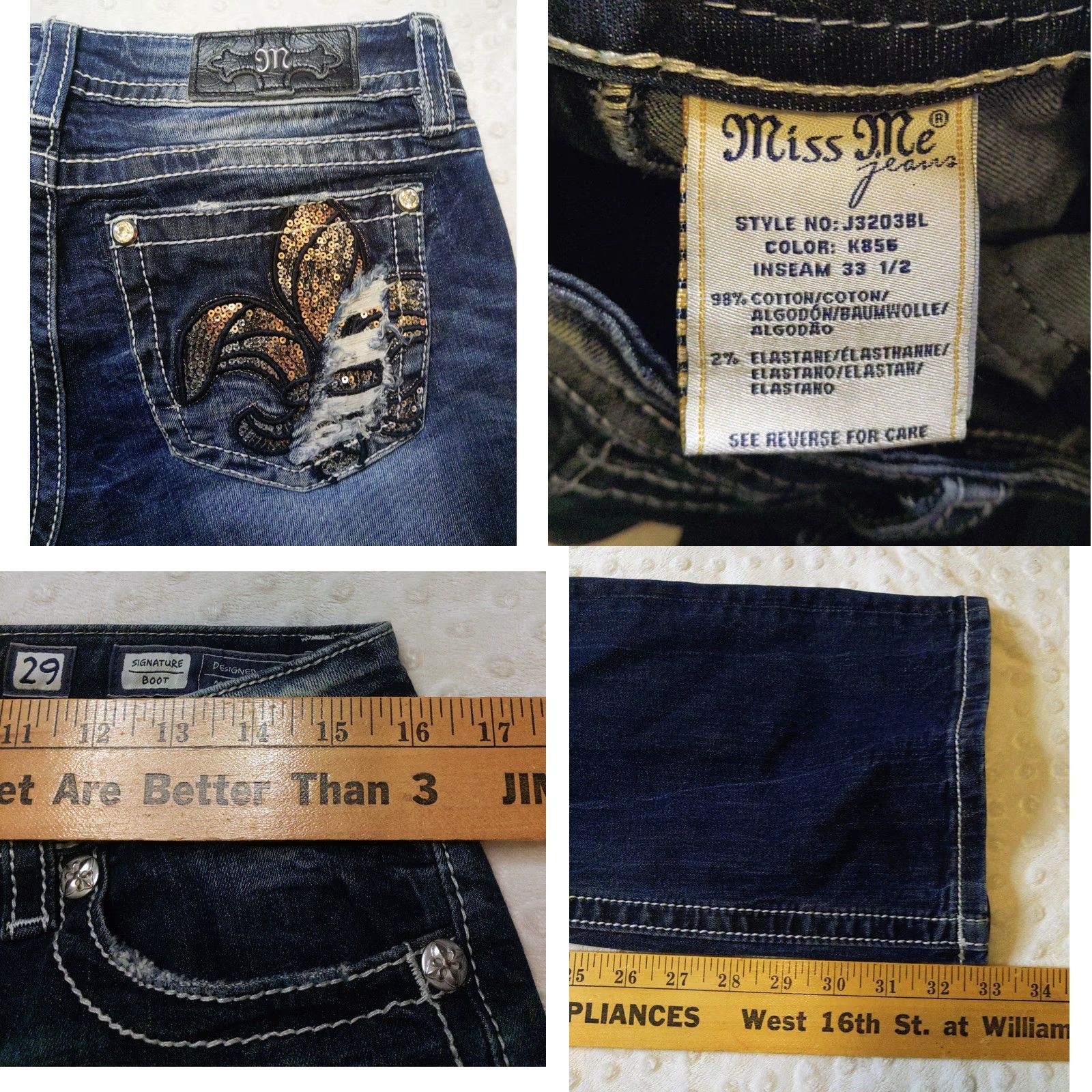 Miss Me Miss Me Jeans Womens Signature Bootcut 29 Embellished Fleur-de-lis Blue 32x32 Denim 5-Pocket Zipper Button Regular Womens Jeans Rock Western Y2K Size 29" - 8 Thumbnail