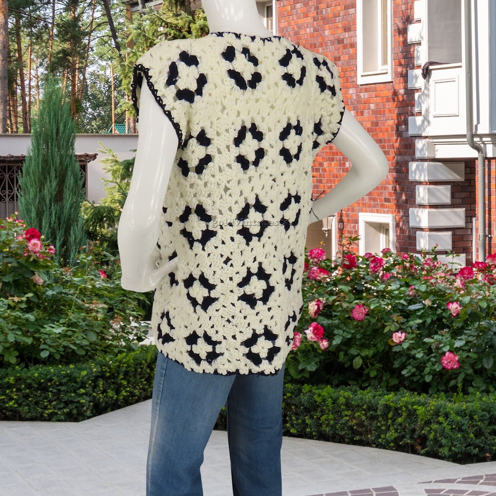 Other Vintage Boho Crochet Knit Granny Sweater Vest Blue White L Size L / US 10 / IT 46 - 4 Thumbnail