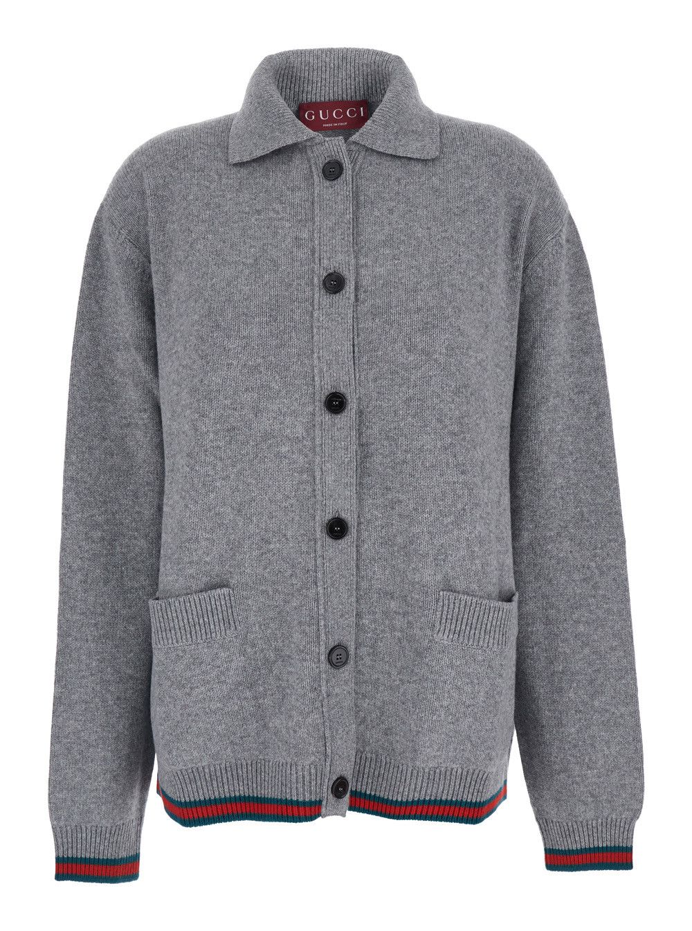 Gucci Grey Cardigan with Pointed Collar and Web Detailing on Edges in Wool and Cashmere Blend Woman Size S / US 4 / IT 40 - 1 Thumbnail