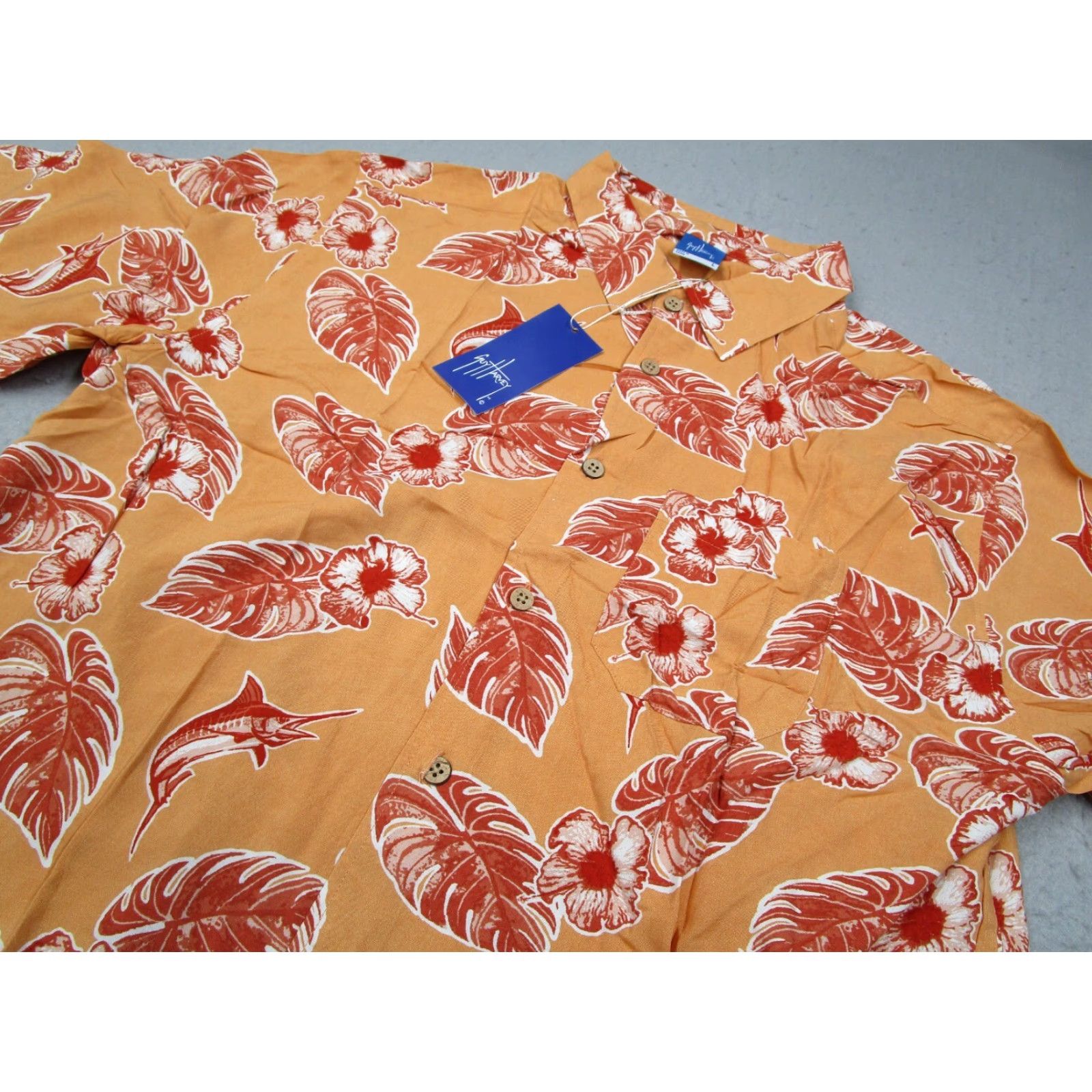 Guy Harvey VINTAGE AFTCO Guy Harvey Men's Large orange floral Marlin Hawaiian shirt casual short sleeve button-up beach tropical summer Size US L / EU 52-54 / 3 - 2 Thumbnail