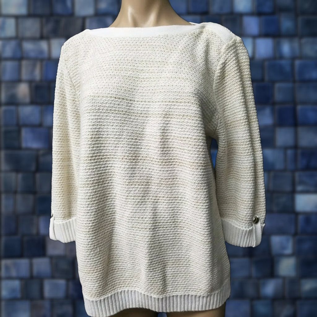 Vintage Karen Scott Knit Pullover Sweater XL Ivory Beige Metallic Gold Threading Women, Cable Knit, Casual Size XL / US 12-14 / IT 48-50 - 1 Thumbnail