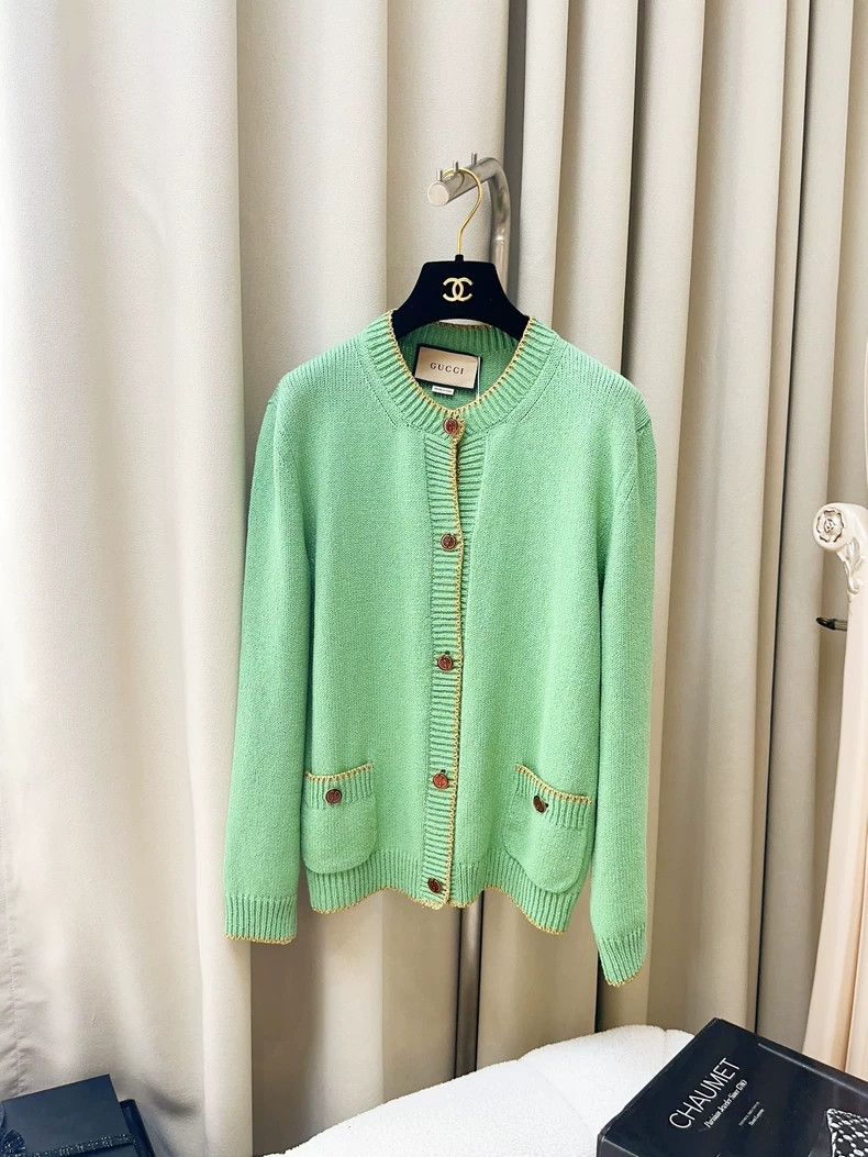 Gucci Gucci Tender green gold-rim knitted two-pocket cardigan co Size L / US 10 / IT 46 - 1 Thumbnail