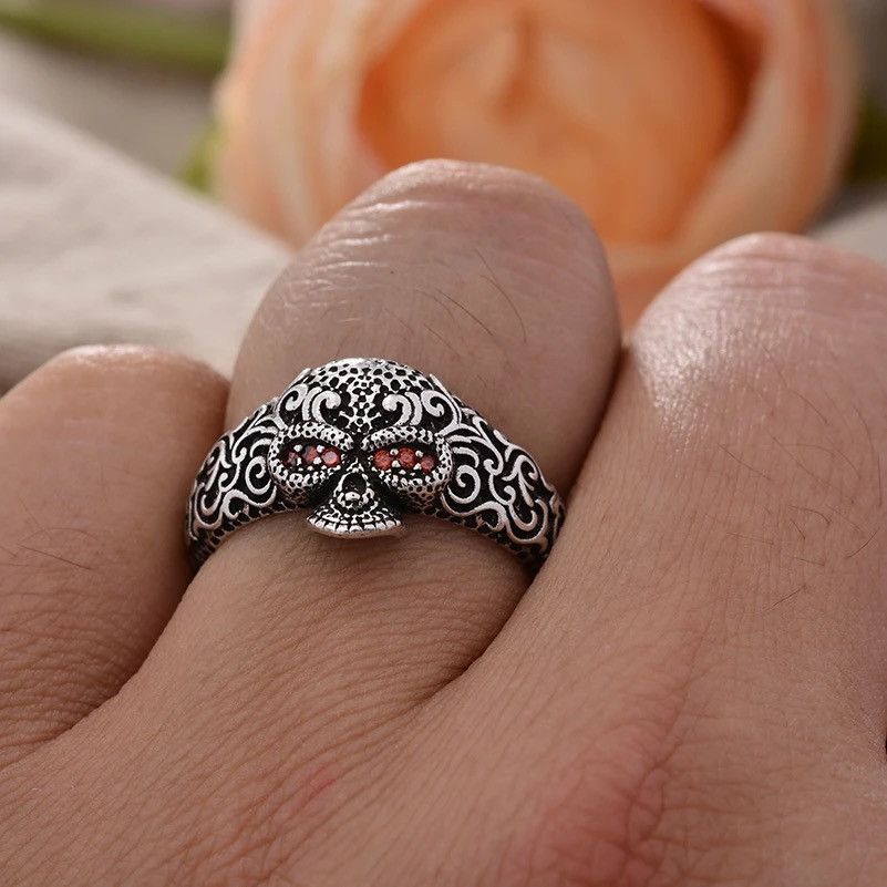 Jewelry Carved Flower Skeleton Head Ring Size ONE SIZE - 3 Thumbnail