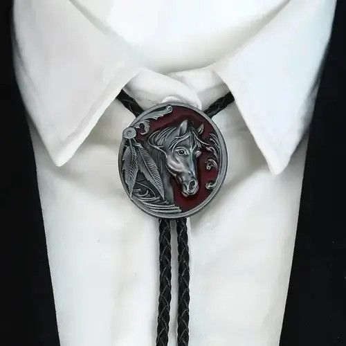 Cowboy Equipment × Vintage Vintage Oval Horse Head Leather Cord Bolo Tie Size ONE SIZE - 1 Thumbnail