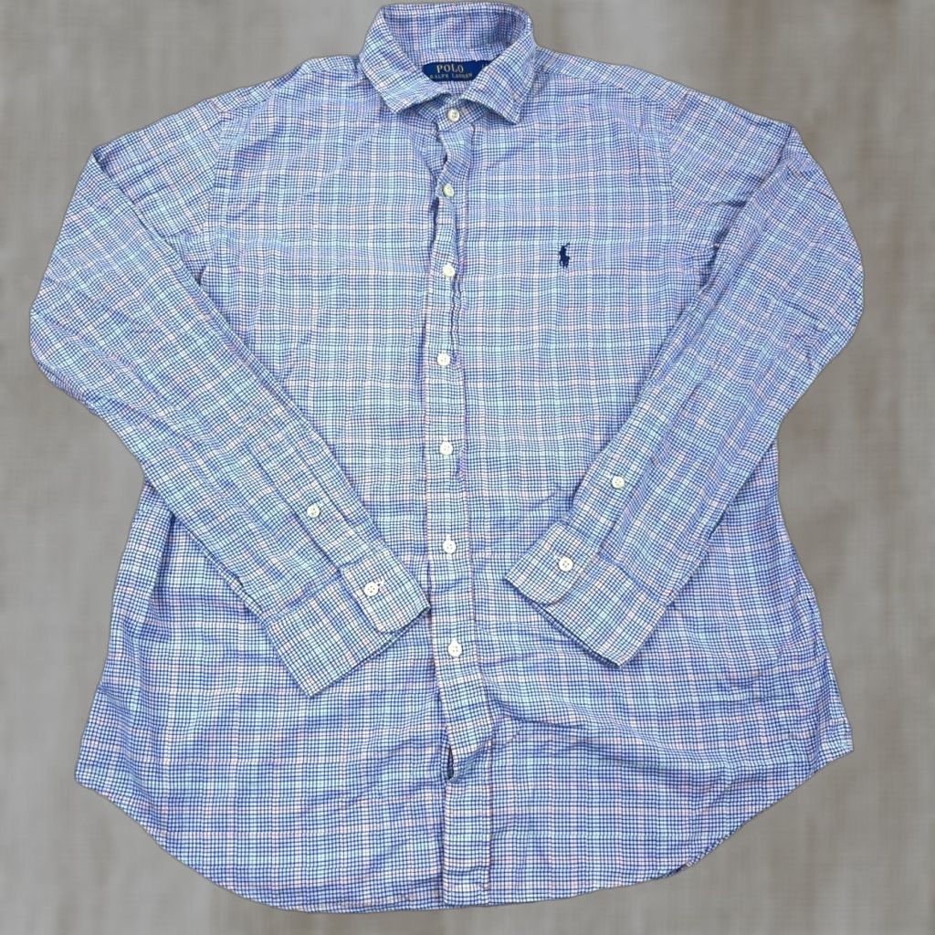 Polo Ralph Lauren Polo Ralph Lauren Shirt Men Large Blue Button Up Dress Glen Plaid Cotton Size 42R - 1 Thumbnail