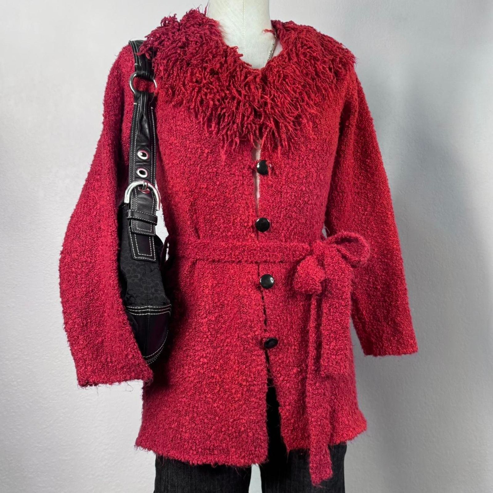 Vintage Y2K Red Bouclé Knit Cardigan Sweater with Fringe