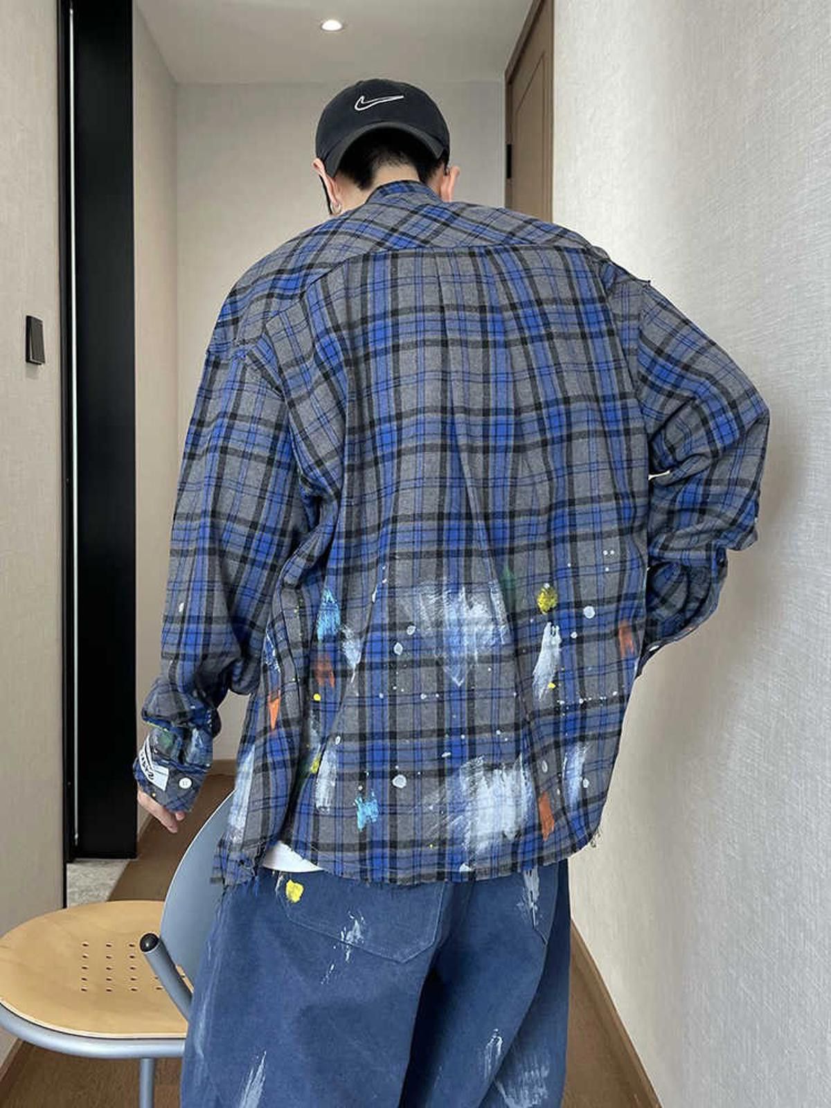 Flannel × Vintage Blue Plaid Oversized Paint Splash Button-Up Shirt Size US M / EU 48-50 / 2 - 2 Thumbnail