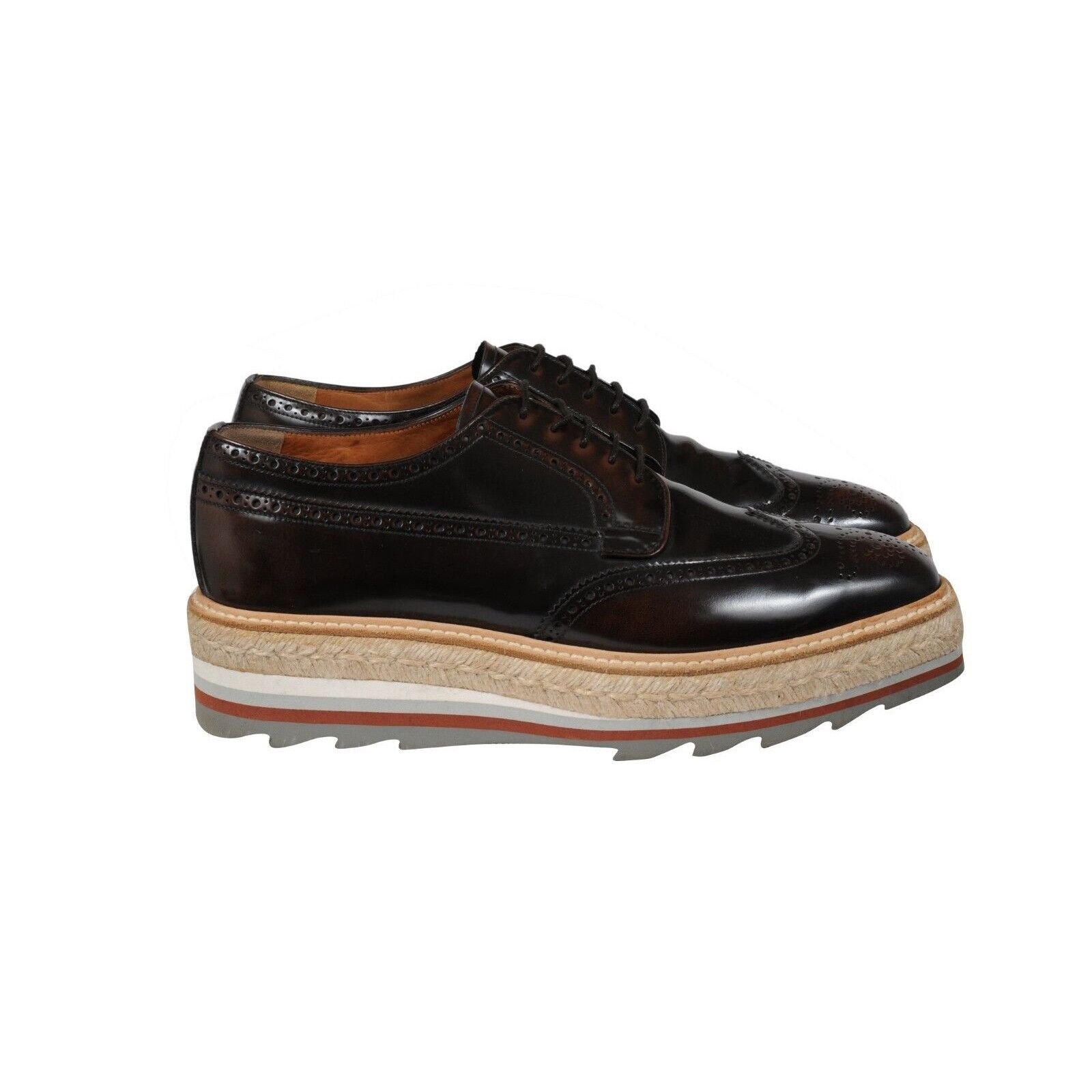 Prada Platform Brogue Brown Leather Wingtip Espadrilles - 02170 Size US 9 / EU 42 - 8 Thumbnail