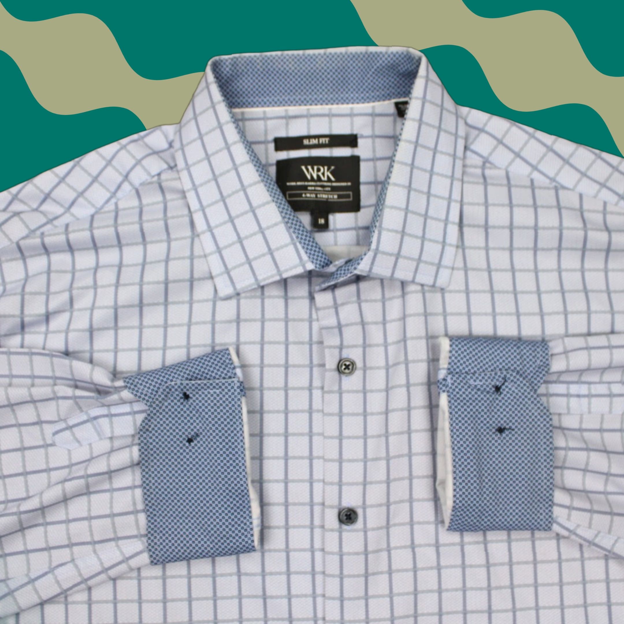 Vintage WRK Dress Shirt Mens 18 Blue Slim Fit 4-Way Stretch Polyester Blended Fabric Strc Geometric Pattern Shirt Size 48R - 1 Thumbnail