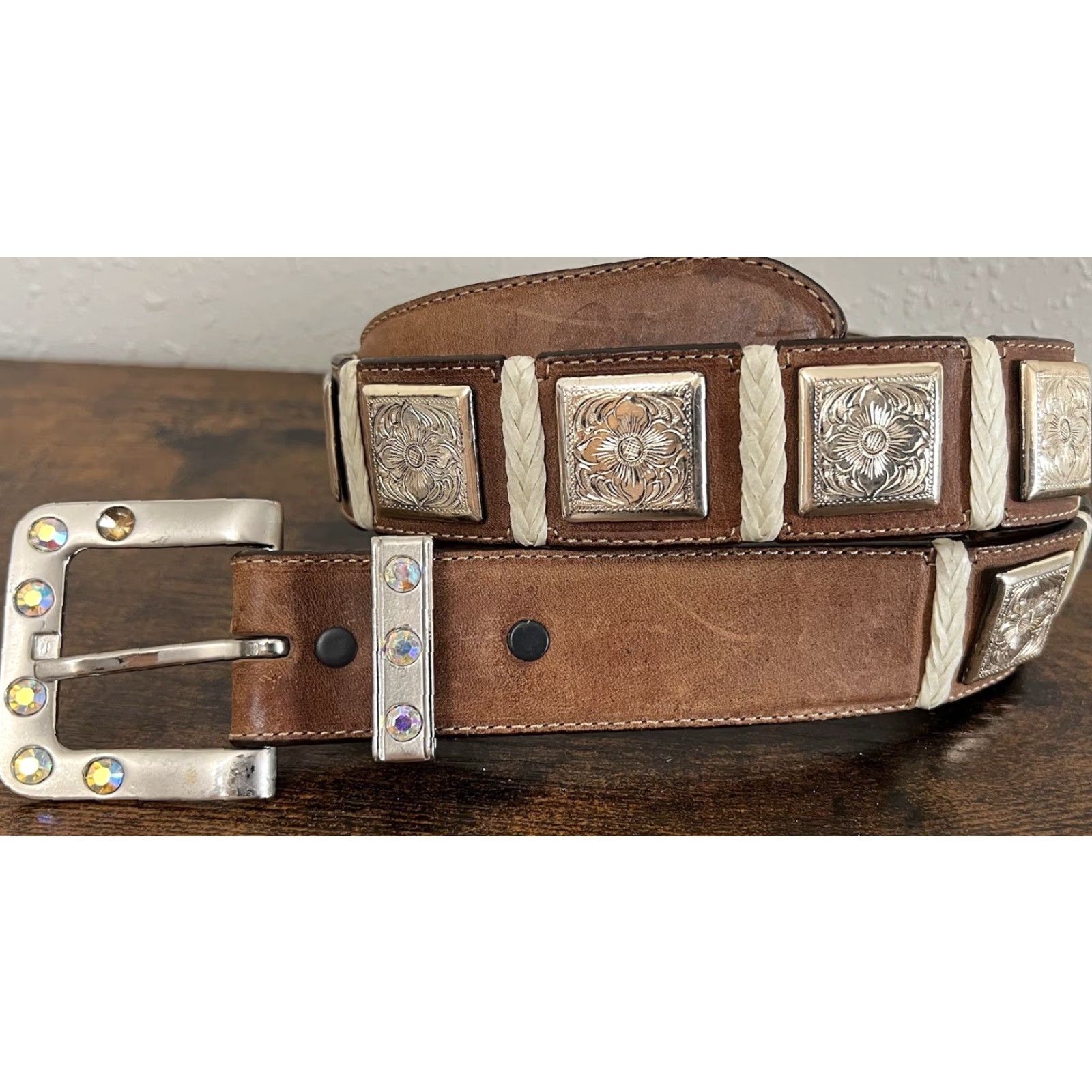 Tony Lama VINTAGE Tony Lama Belt 36 Brown Silver Rhinestone Buckle Leather Floral Medallion Square Belt Women 36-37 in Adjustable Western USA Cowboys Girls Size ONE SIZE - 3 Thumbnail