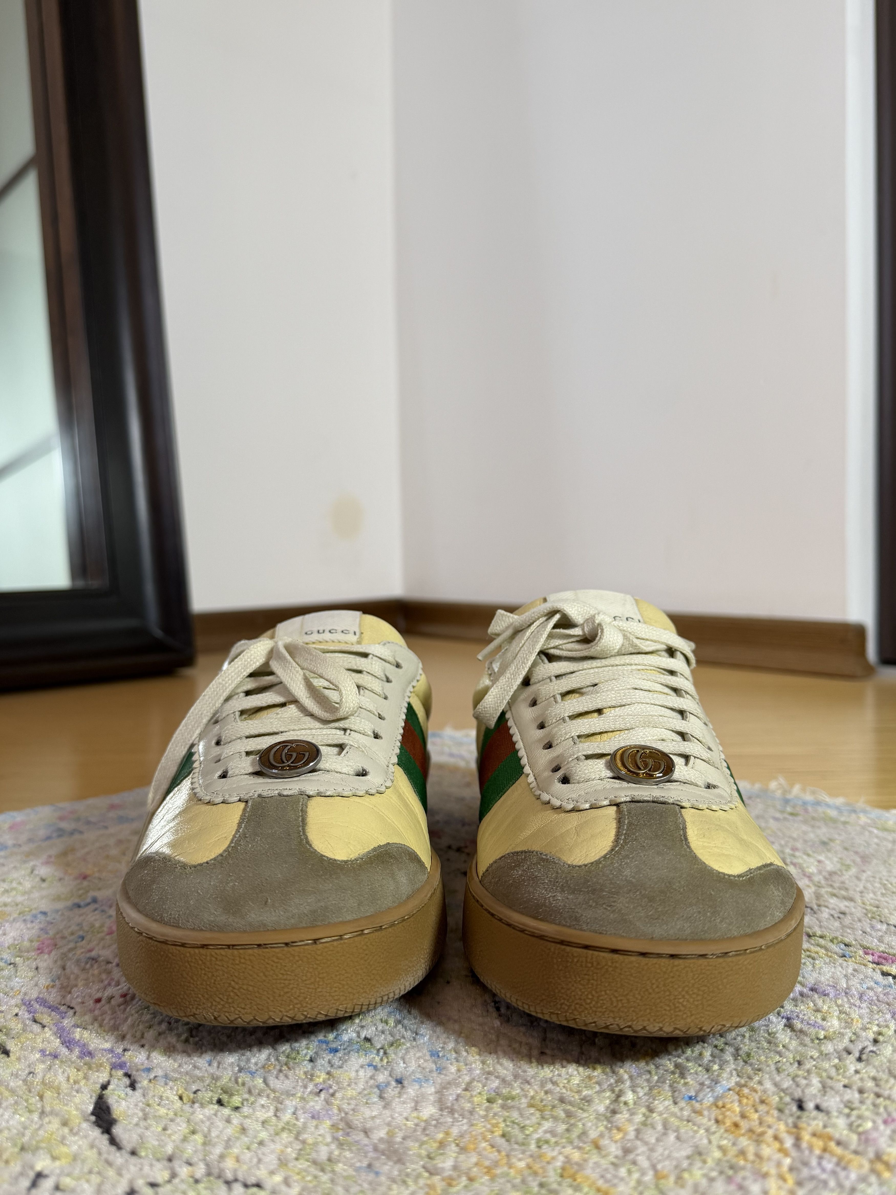 Gucci GUCCI G74 Yellow Leather Web Low Oatmeal Sneakers Size US 10.5 / EU 43-44 - 5 Thumbnail