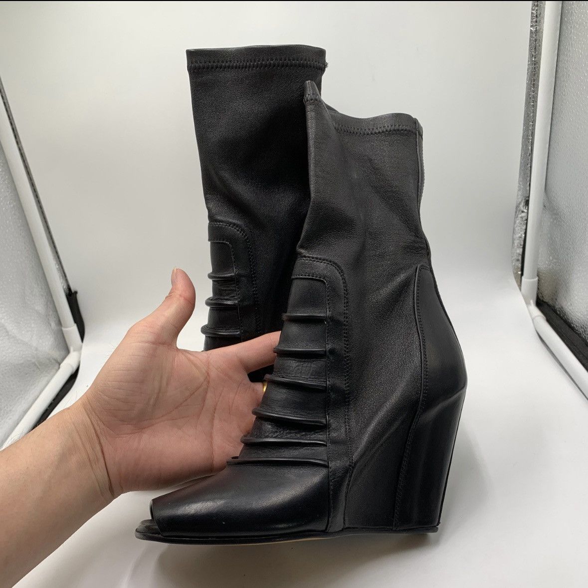 Rick Owens RICK OWENS WOMAN RUHLMANN LEATHER WEDGE SOCK BOOTS BLACK