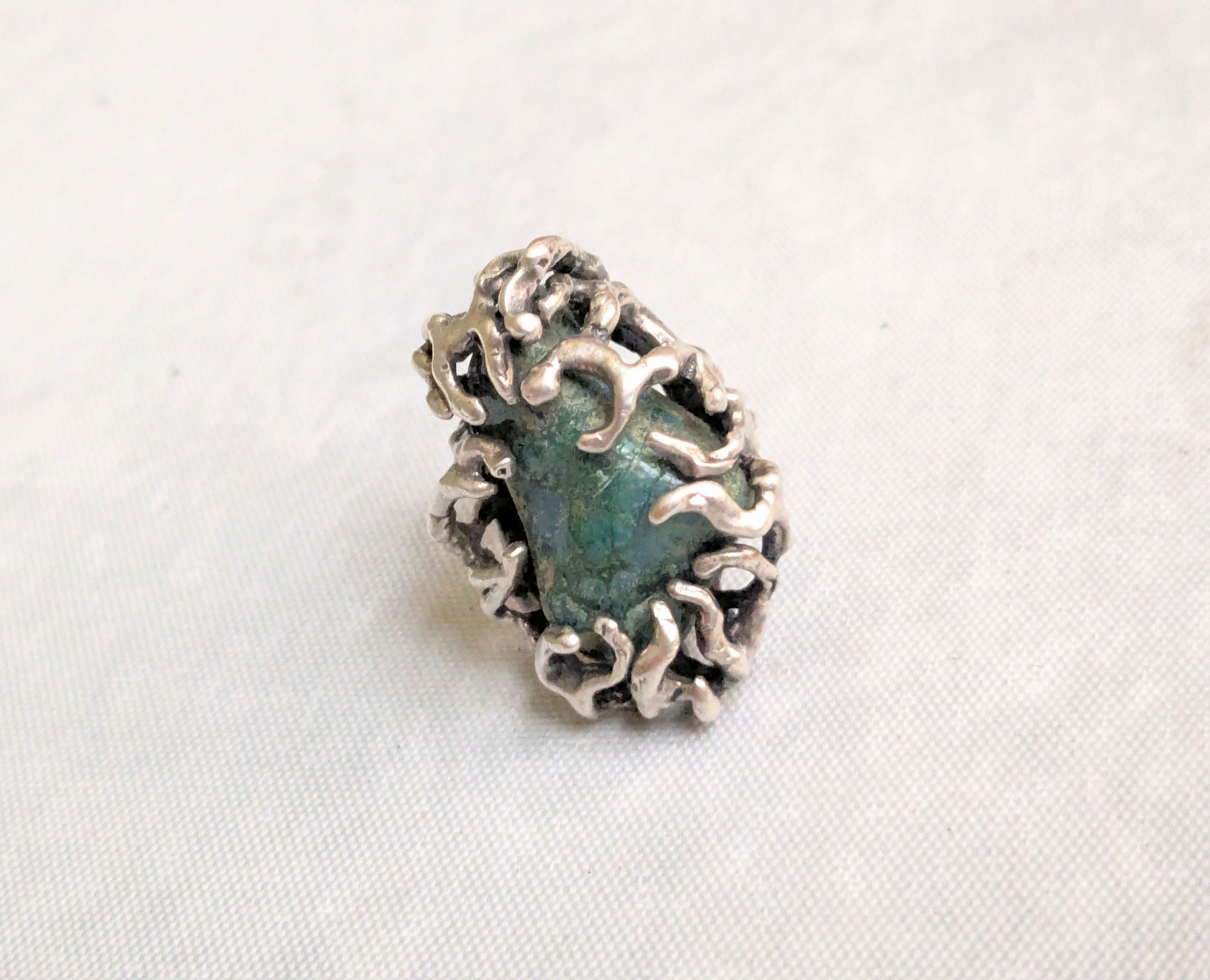 Jewelry Vintage Sterling Silver Ring Chrysocholla Brutalist 5.75 Size ONE SIZE - 4 Thumbnail