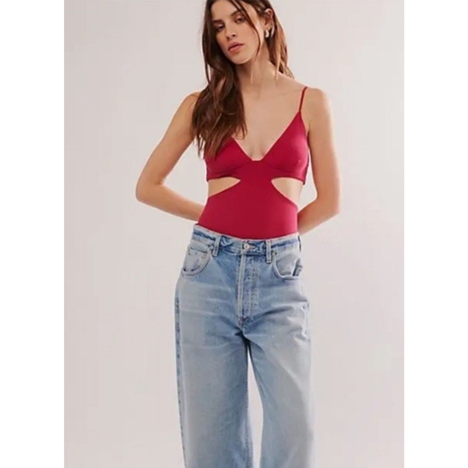 Free People INTIMATELY FP Love Triangle Cut Out Bodysuit Cha Cha Cherry Size S / US 4 / IT 40 - 2 Thumbnail