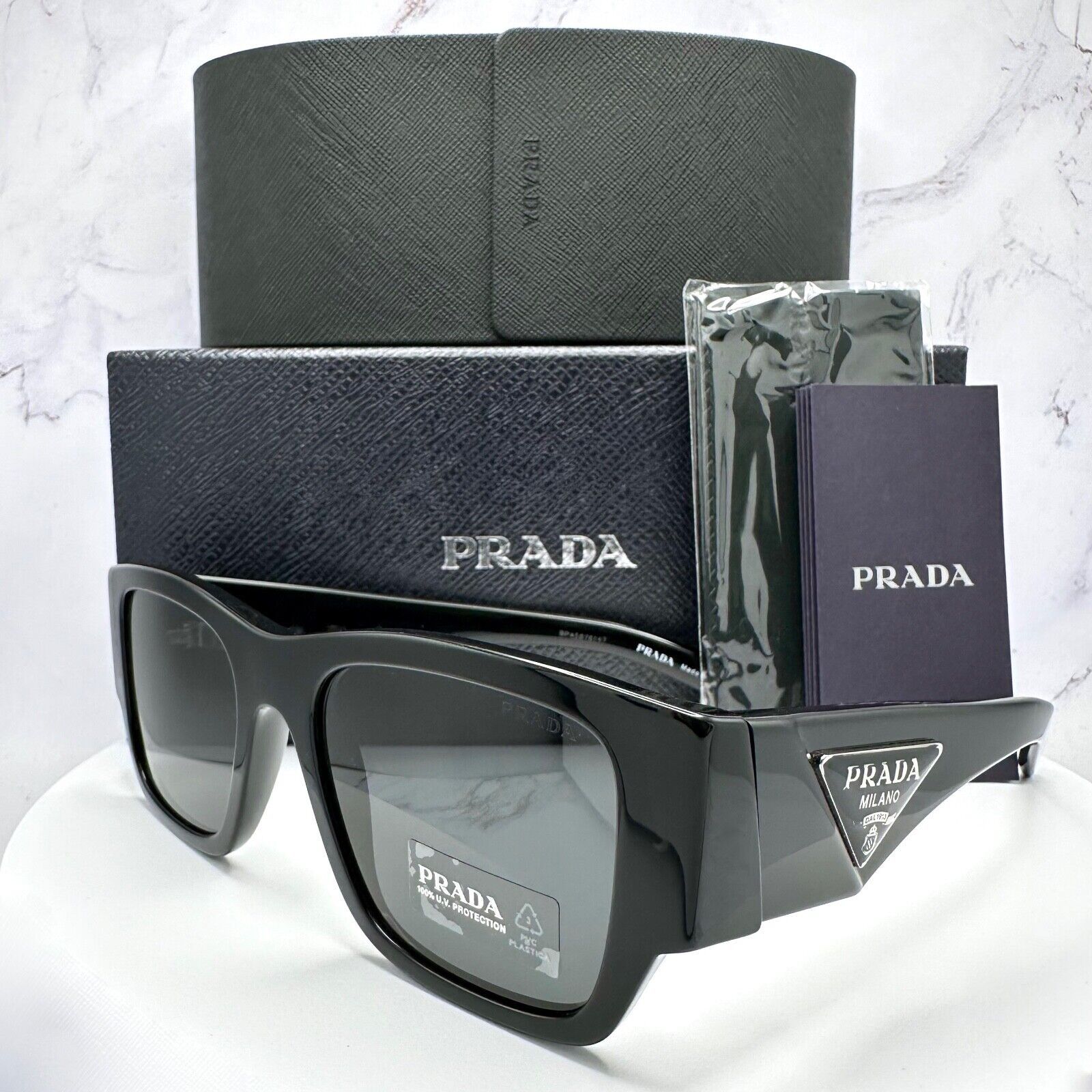 image of Prada Sunglasses Black Silver Triangle Metal Plaque Logo, Men's