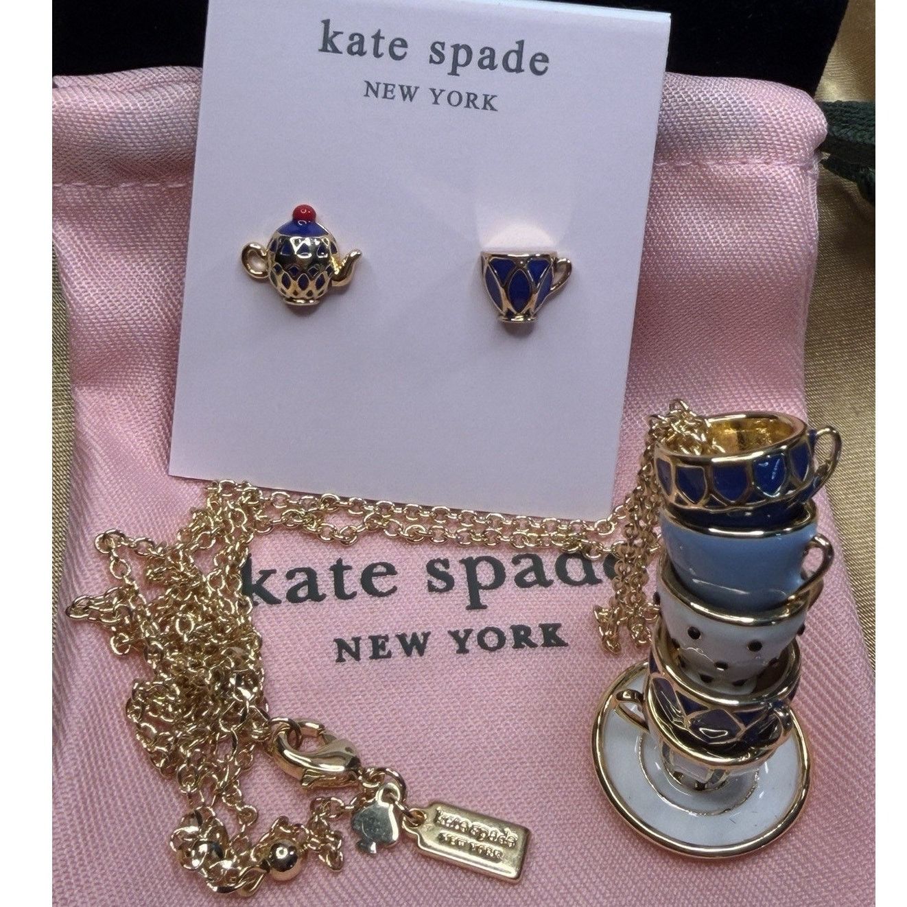 Kate SpadeTea Time Necklace Earrings Teacup Teapot Blue Gold