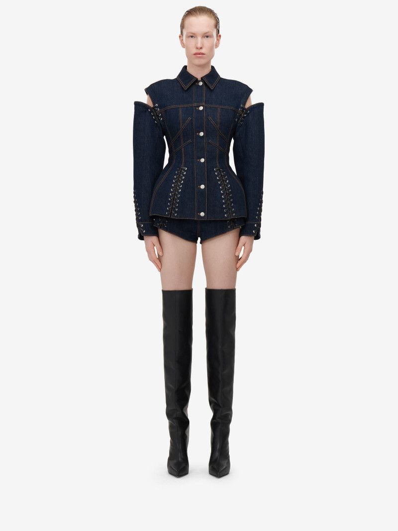 Alexander McQueen o1srvl11e0226 Lace Detail Slashed Denim Jacket In Blue Size L / US 10 / IT 46 - 2 Thumbnail
