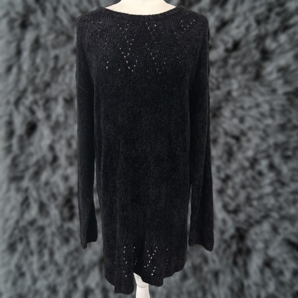 VINTAGE Gap Chenille Knit Sweater Dress Women's Black Argyle Large 90s Y2K