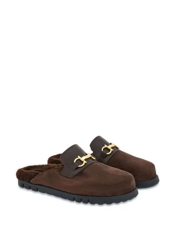 Salvatore Ferragamo o1s1rm0126 Gancini Wool & Leather Mules in Brown Size US 11 / EU 44 - 2 Thumbnail