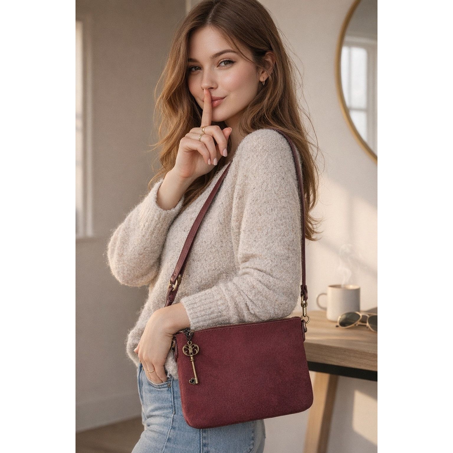 Old Navy Old Navy Burgundy Crossbody Bag Suede Key Charm 3 Pocket Size ONE SIZE - 1 Thumbnail