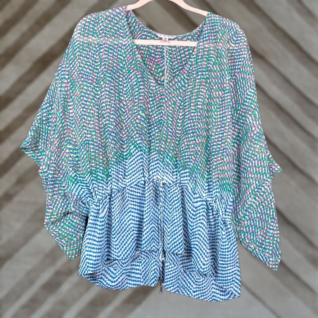 Vintage CAbi Blouse Multi Geometric Drop Waist Kimono Sheer V-Neck Stretch S Girl/Women’s? (recheck) Size S / US 4 / IT 40 - 1 Thumbnail