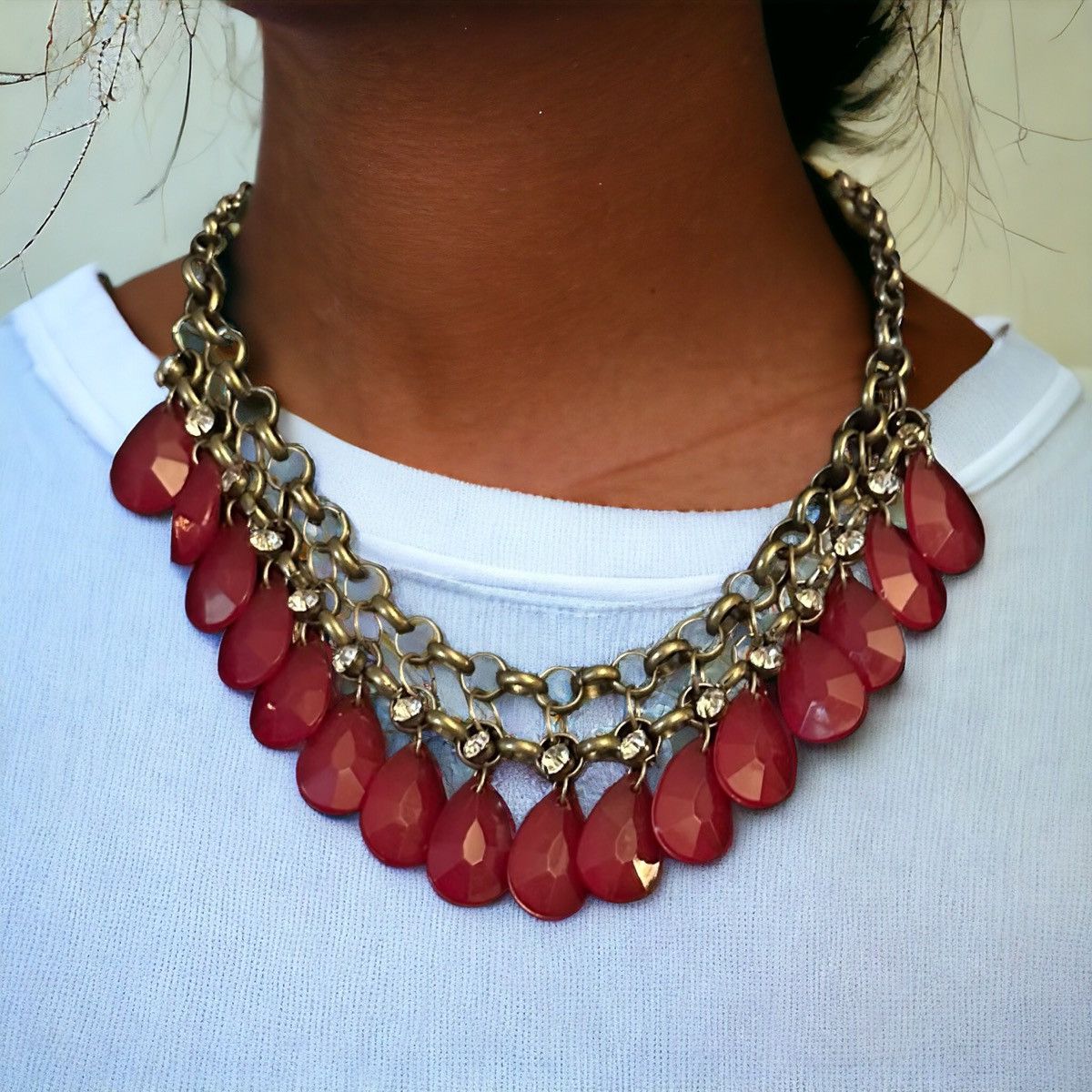 Other Bronze tone cranberry teardrop dangle statement necklace Size ONE SIZE - 2 Thumbnail