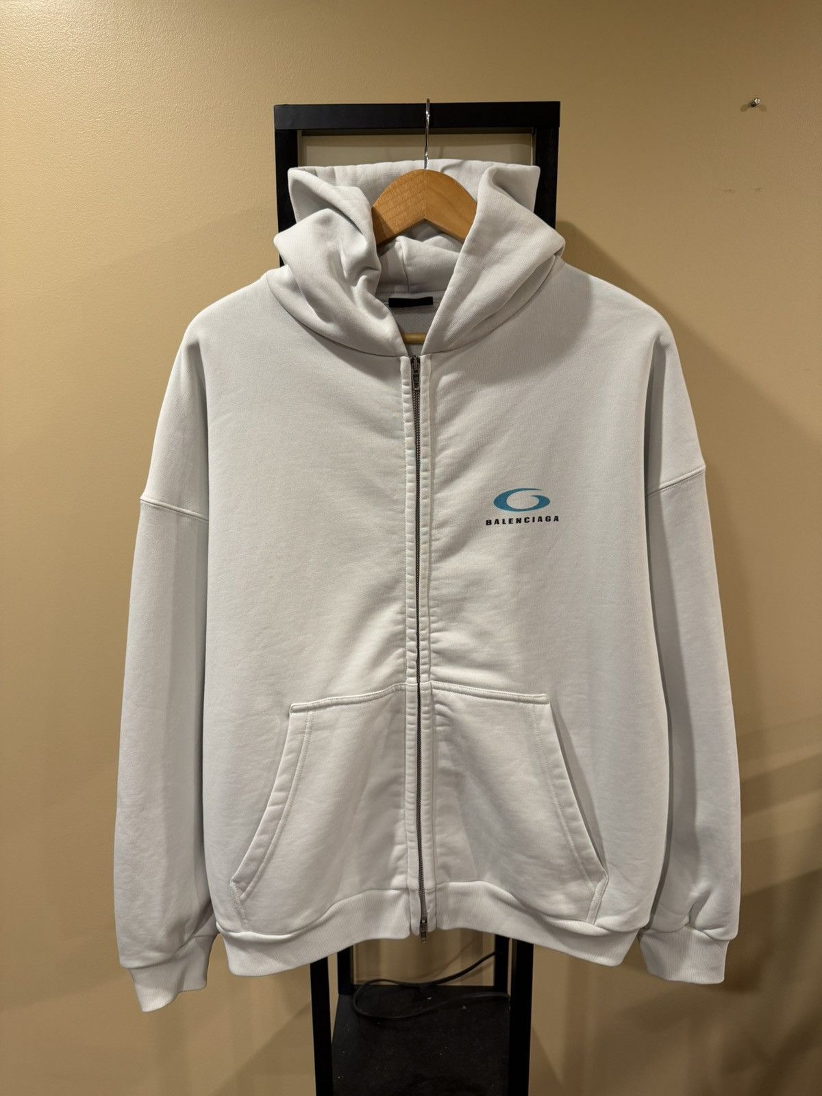 Balenciaga Loop Sport Icon Blue Logo Dirty White Zip Hoodie