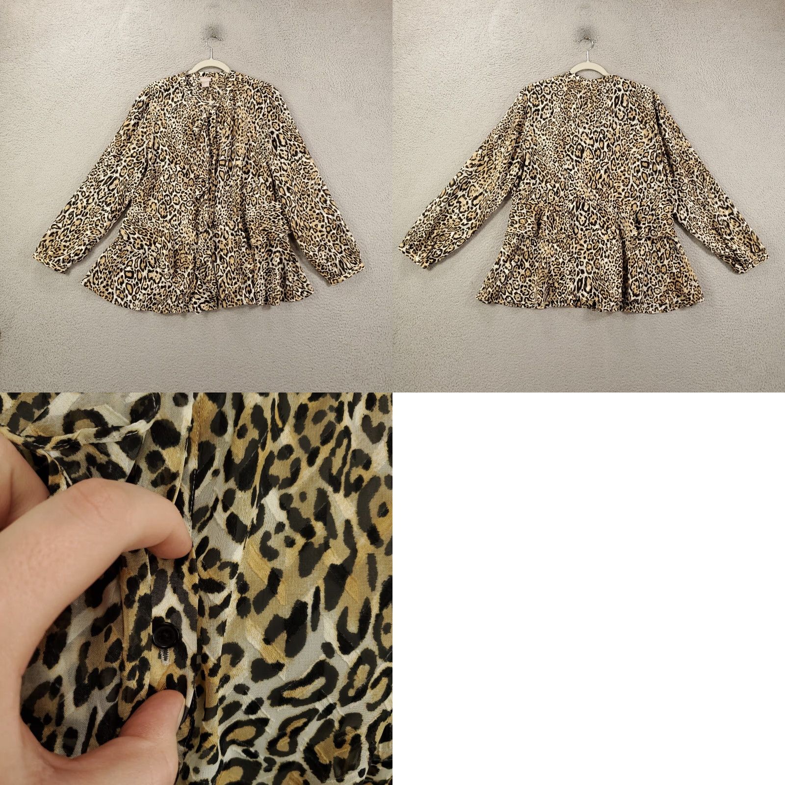 Vintage Chicos Blouse Womens Large Leopard Jaguar Animal Print Ruffled Hidden Button Up Size L / US 10 / IT 46 - 8 Thumbnail