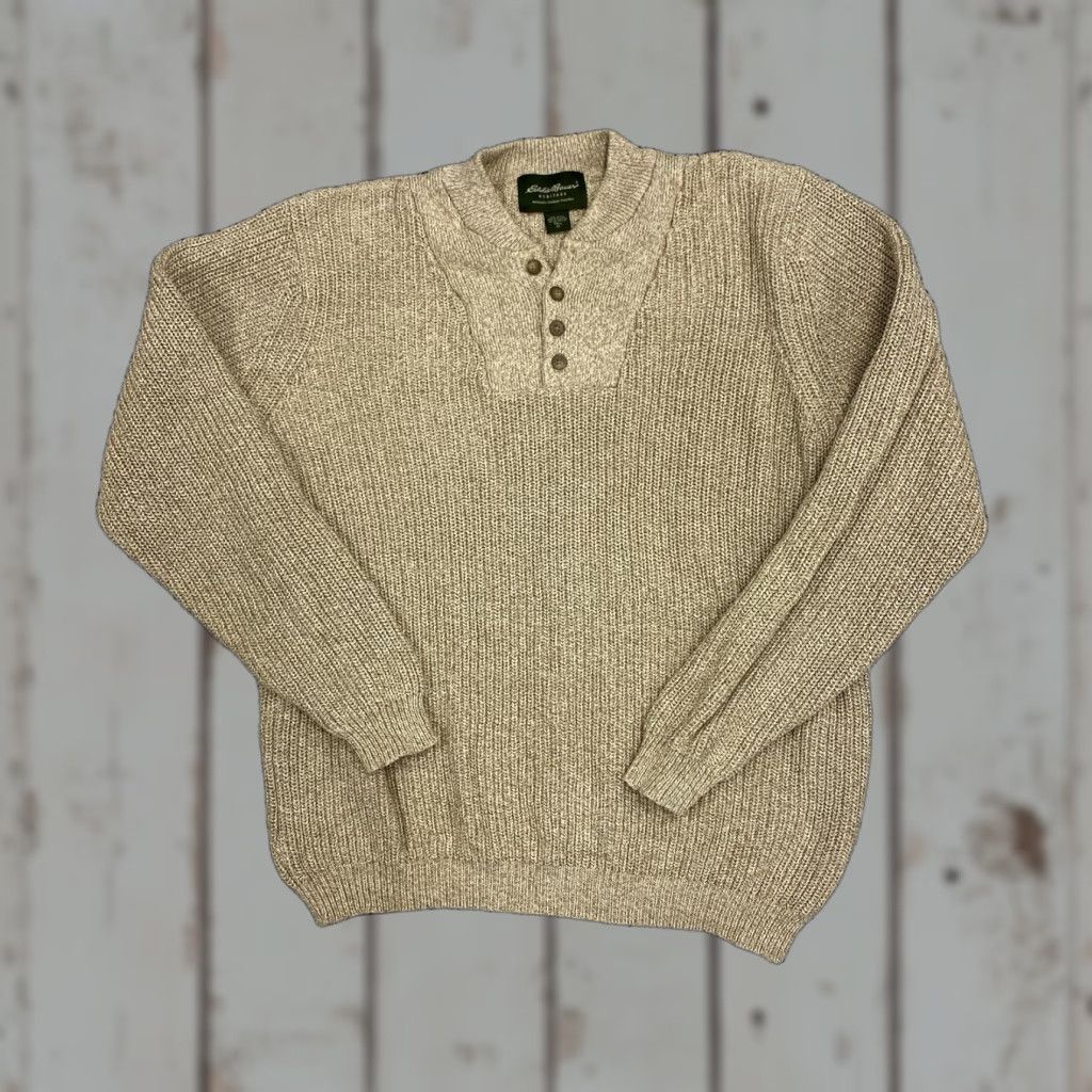 Eddie Bauer Eddie Bauer Heritage Sweater Men XLT 1/4 Button Henley Cotton Cable Knit Beige Breathing Heavyweight Bohemian Classic Designer Outdoor Hiking Mens Size US XL / EU 56 / 4 - 1 Thumbnail