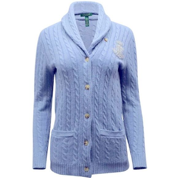 image of Ralph Lauren Lrl Baby Blue Wool Angora Cable-Knit Crest Cardigan - S in Blue/Silver, Women's (Size 