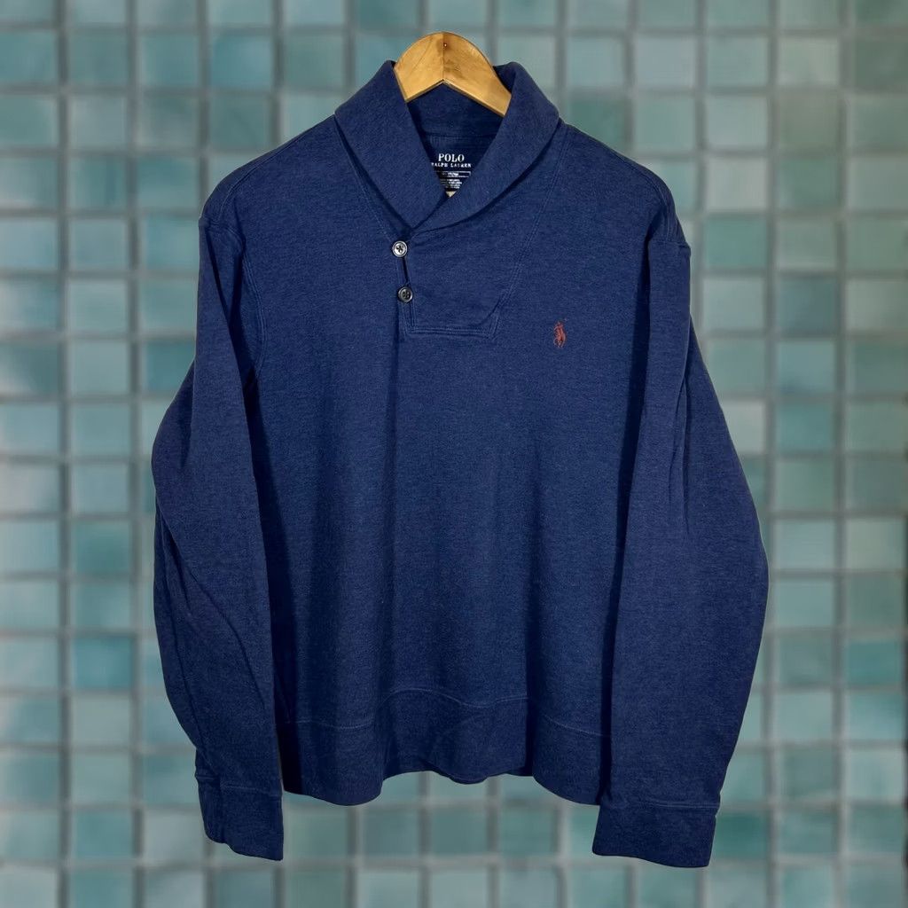 Polo Ralph Lauren Polo Ralph Lauren Mens Shawl Collar Button Pullover Sweatshirt Navy Blue Medium Size US M / EU 48-50 / 2 - 1 Thumbnail