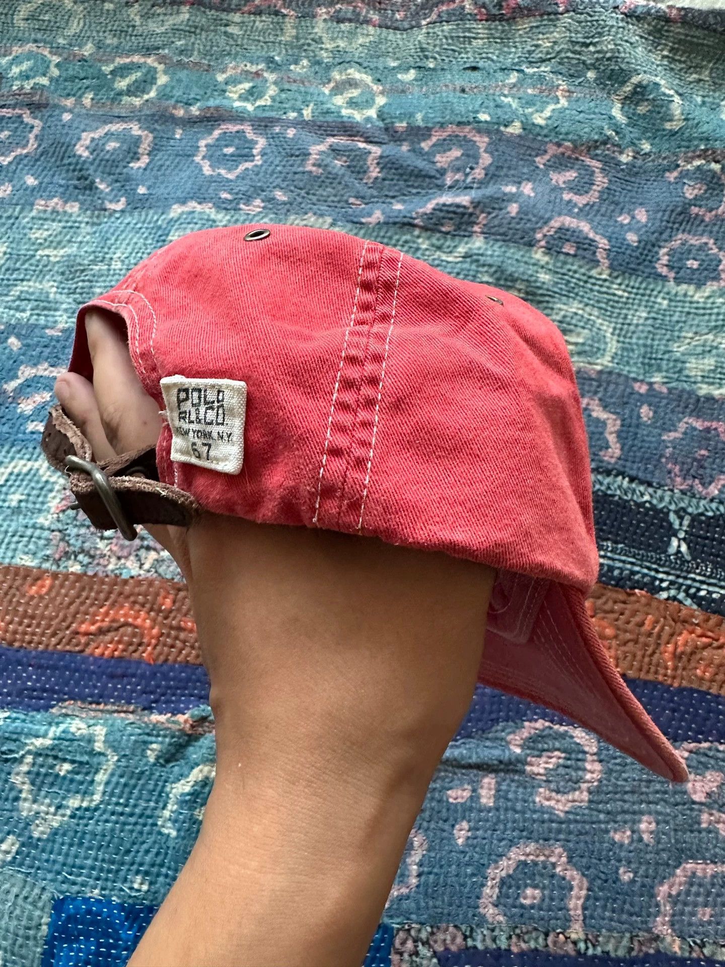 Polo Ralph Lauren RL Washed Distressed Light Pink Leather Cord Cap 90s Taiwan Size ONE SIZE - 2 Thumbnail